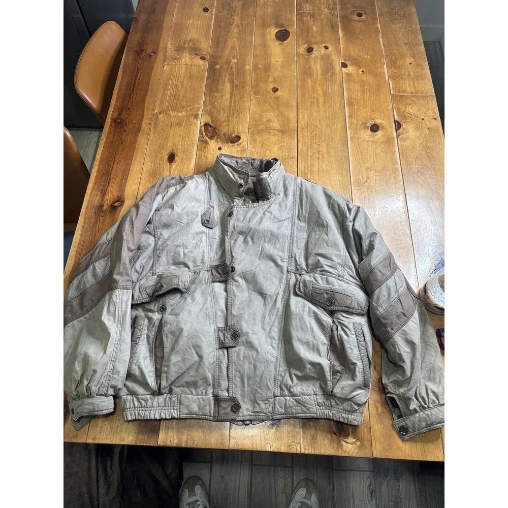 HECHIZO Men's XL Natural Leather Bomber Jacket Two-Tone Map Lining Pilot Zipper